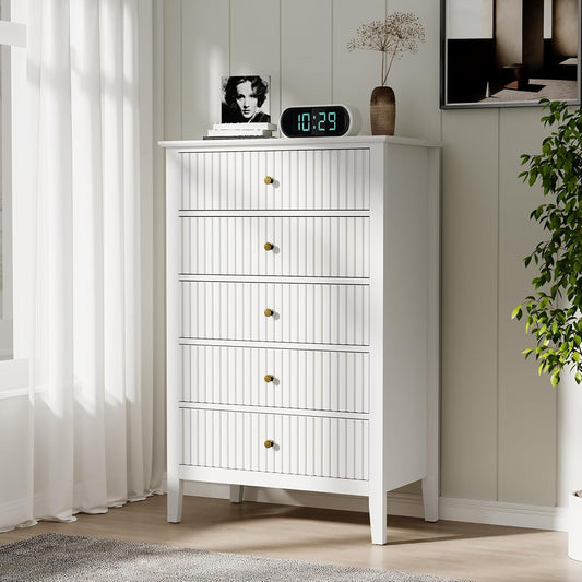 White Fluted 5 Drawer Dresser for Bedroom, Tall Chest of Drawers