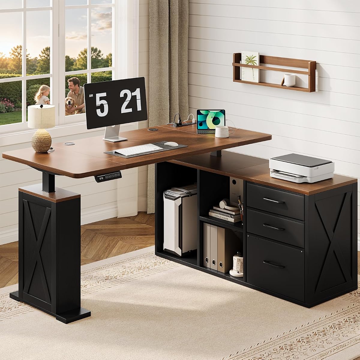 L Shaped Standing Desk - Farmhouse Smart Computer Desk with Storage