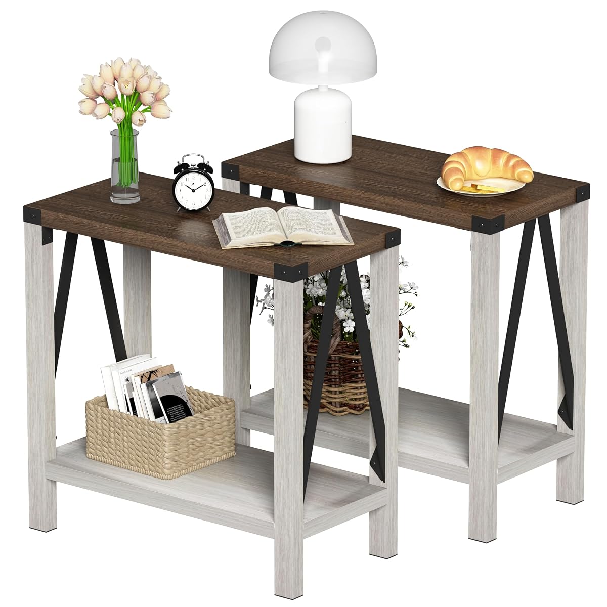 Farmhouse End Table Set of 2, Narrow Side End Table with Storage Shelf, Rustic A-Design Nightstand Sofa Table for Living Room, Bedroom(White&Brown)