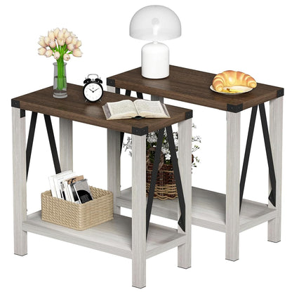 Farmhouse End Table Set of 2, Narrow Side End Table with Storage Shelf, Rustic A-Design Nightstand Sofa Table for Living Room, Bedroom(White&Brown)