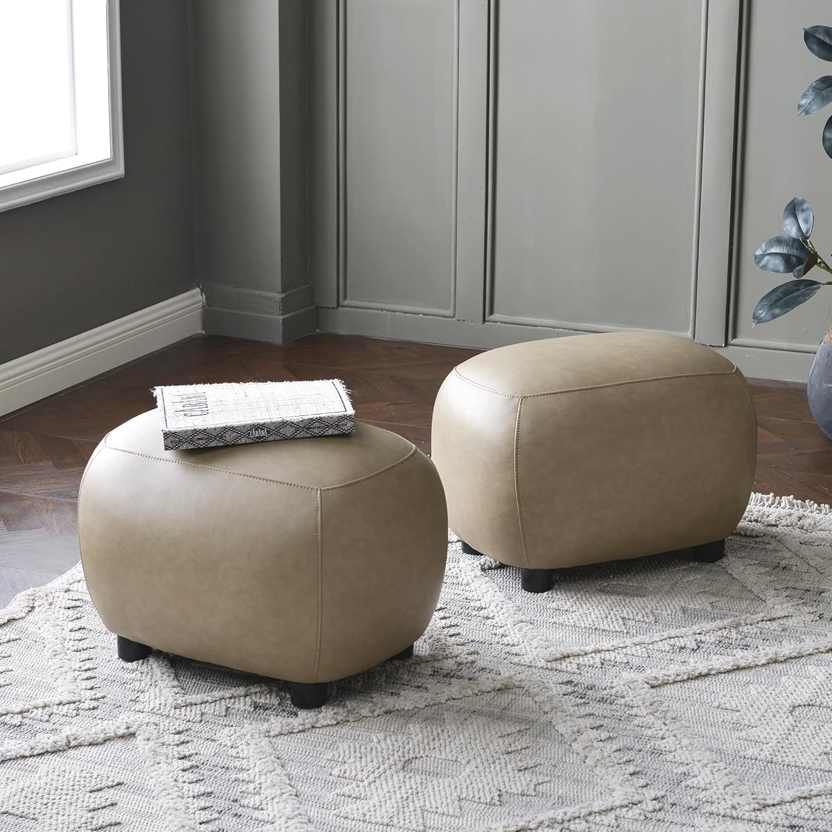 23" Wide Faux Leather Upholstered Ottoman Set of 2, Mid-Century Modern Living Room Footrest with Soft Padded Seat, Footstool for Bedroom, Entryway or Living Room, Khaki