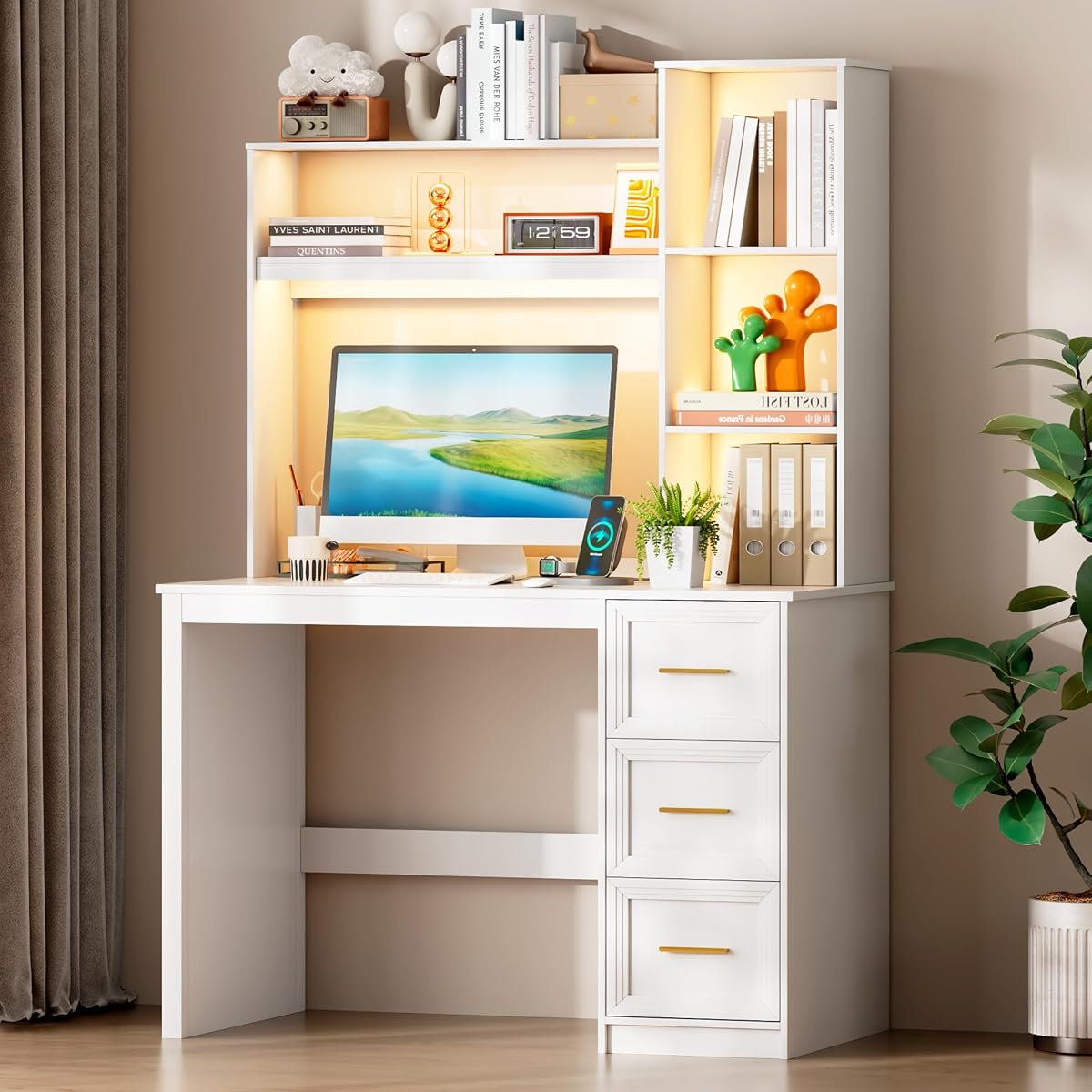 40” Home Office Desk with Hutch and Drawers, White