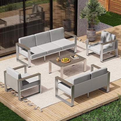 Aluminum Outdoor Patio Furniture Set, 7 Seats Outdoor Patio Conversation Sets with Ergonomic Seat and Wide Washable Thick Cushions, Modern Patio Sectional Furniture for Balcony, Porch (Gray)