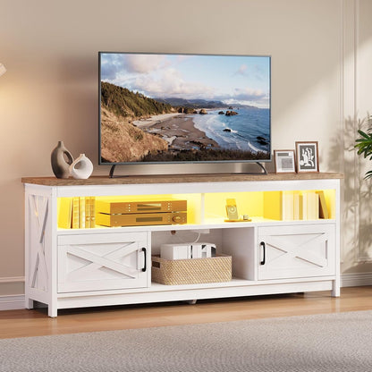 Farmhouse TV Stand with Power Outlet for 75 Inch TV, Grey Washed/White