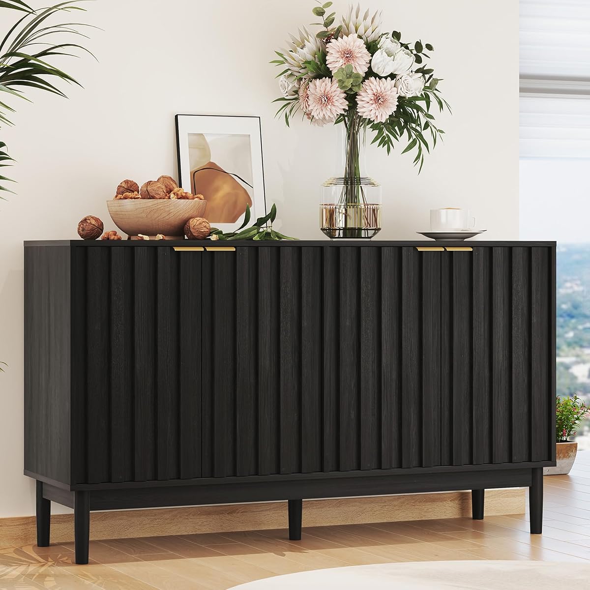 55" Fluted Buffet Cabinet with Storage, Accent Cabinets, Black