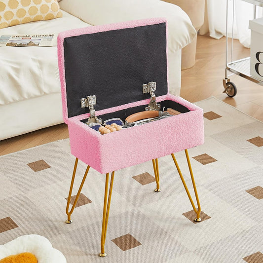 Vanity Stool with Storage, Sherpa Makeup Chair with Metal Legs, Upholstered Ottoman Seat for Bedroom, Living Room, Pink