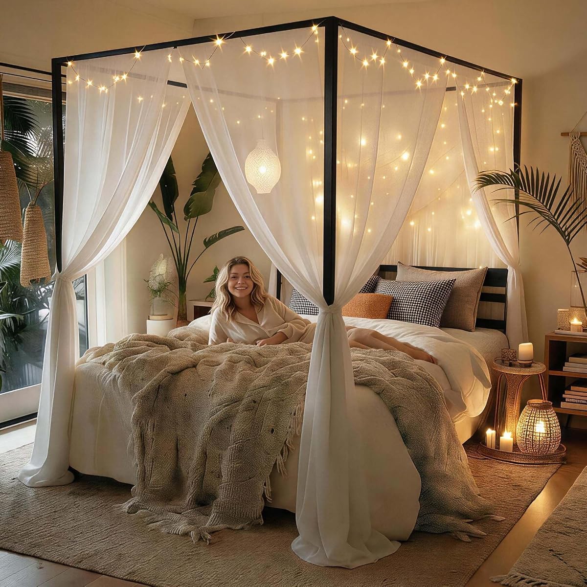 Canopy Bed Frame Metal Four Posters, Queen Size