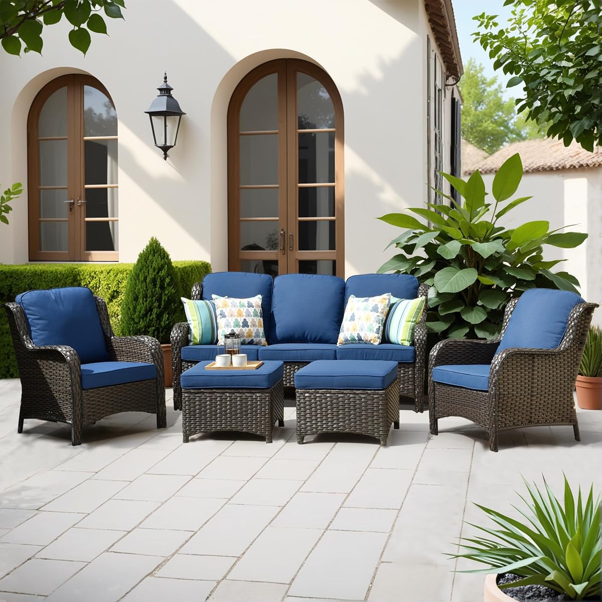 5-Pieces Patio Furniture Set, Outdoor Wicker Sofa Couch with Chairs Ottomans Comfy Cushions, High Back Modern All Weather Conversation Set, Brown Rattan, Navy Blue