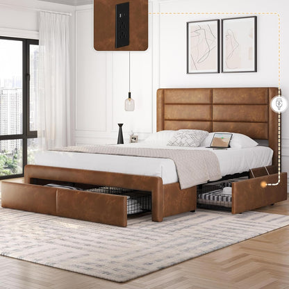 Queen Upholstered Bed Frame with Storage & Charging