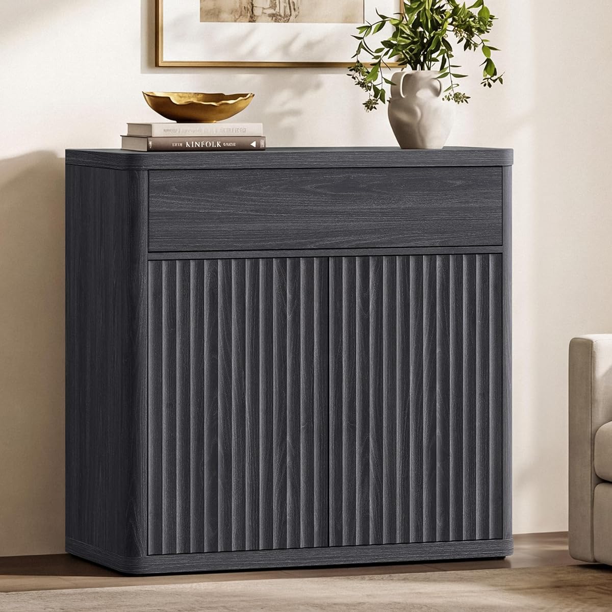 Buffet Cabinet with Storage - Accent Fluted Storage Cabinet with 2 Doors & 1 Drawer 34.6" Wide Modern Sideboard Credenza Large Buffet Table for Living Room Kitchen Dining Room Entryway Office