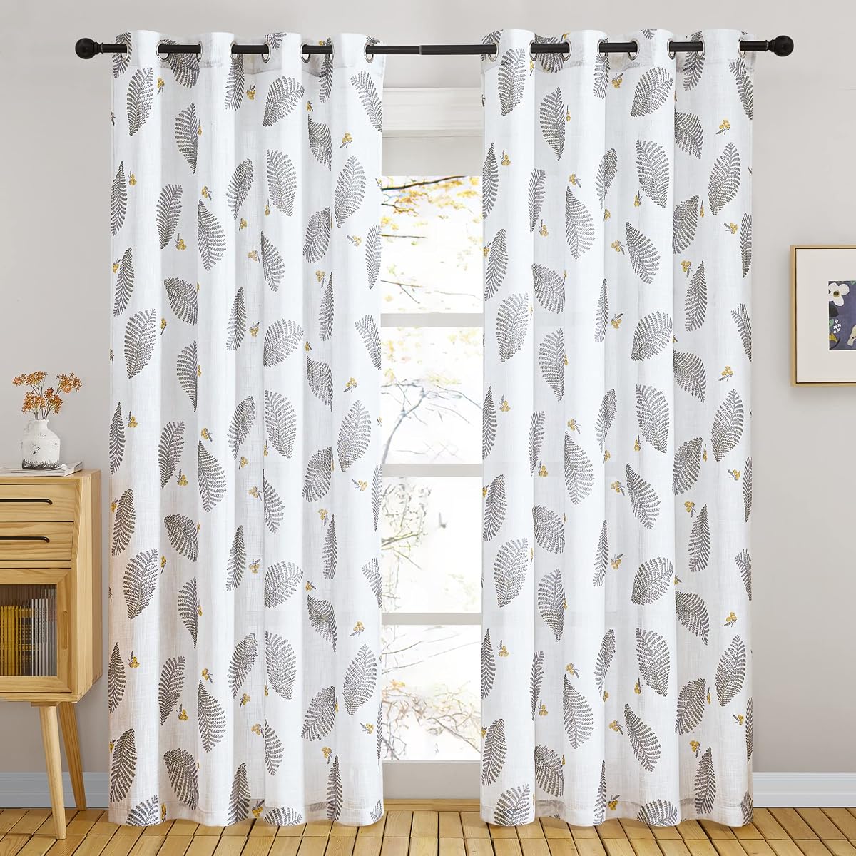 Floral Sheer Curtains - Linen Textured, Leaves Print Embroidery Boho Curtains Grommet Top Durable View Through for Teens Bedroom, Kitchen, Living Room, W 50" x L 84", 2 Panels, White