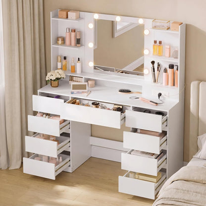 43.3-Inch Vanity Desk with Mirror and Lights, 9 Drawers