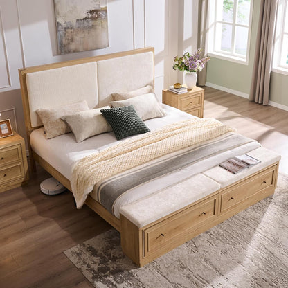 King Bed Frame w/Upholstered Headboard,Storage Bench,Natural Oak