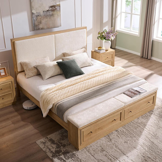 King Bed Frame w/Upholstered Headboard,Storage Bench,Natural Oak