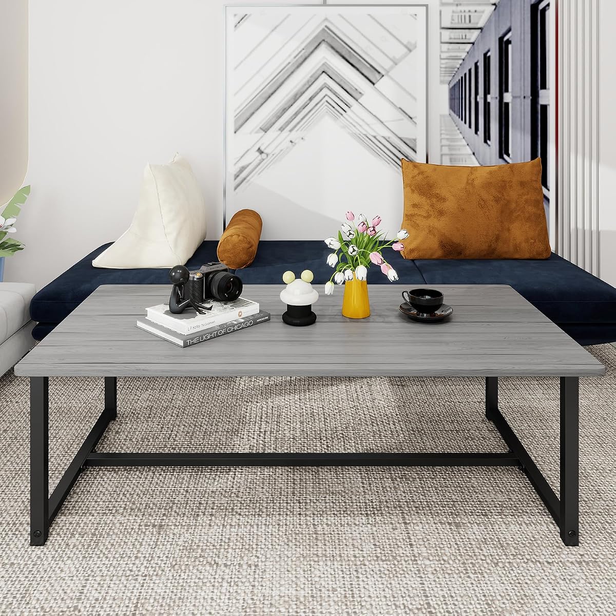 Farmhouse Coffee Table Rectangular Center Table for Living Room Table Wooden Tabletop with Metal Frame,Mid Century Modern Design,Easy Assembly,Wood Coffee Table,Grey