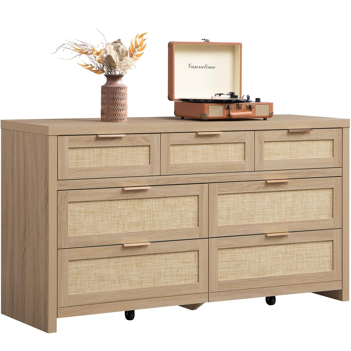 7 Drawer Rattan Dresser for Bedroom, 57" Wide Dresser