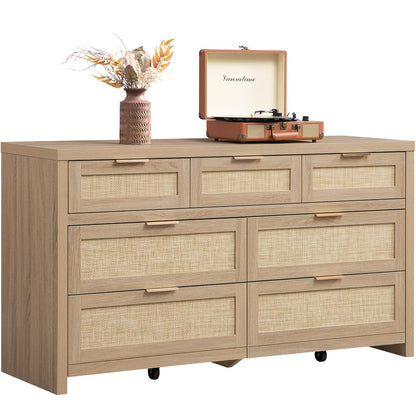 7 Drawer Rattan Dresser for Bedroom, 57" Wide Dresser