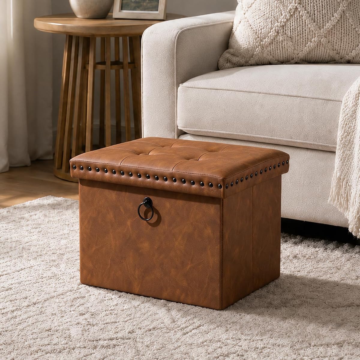 Folding Ottoman with Storage in Brown faux leather