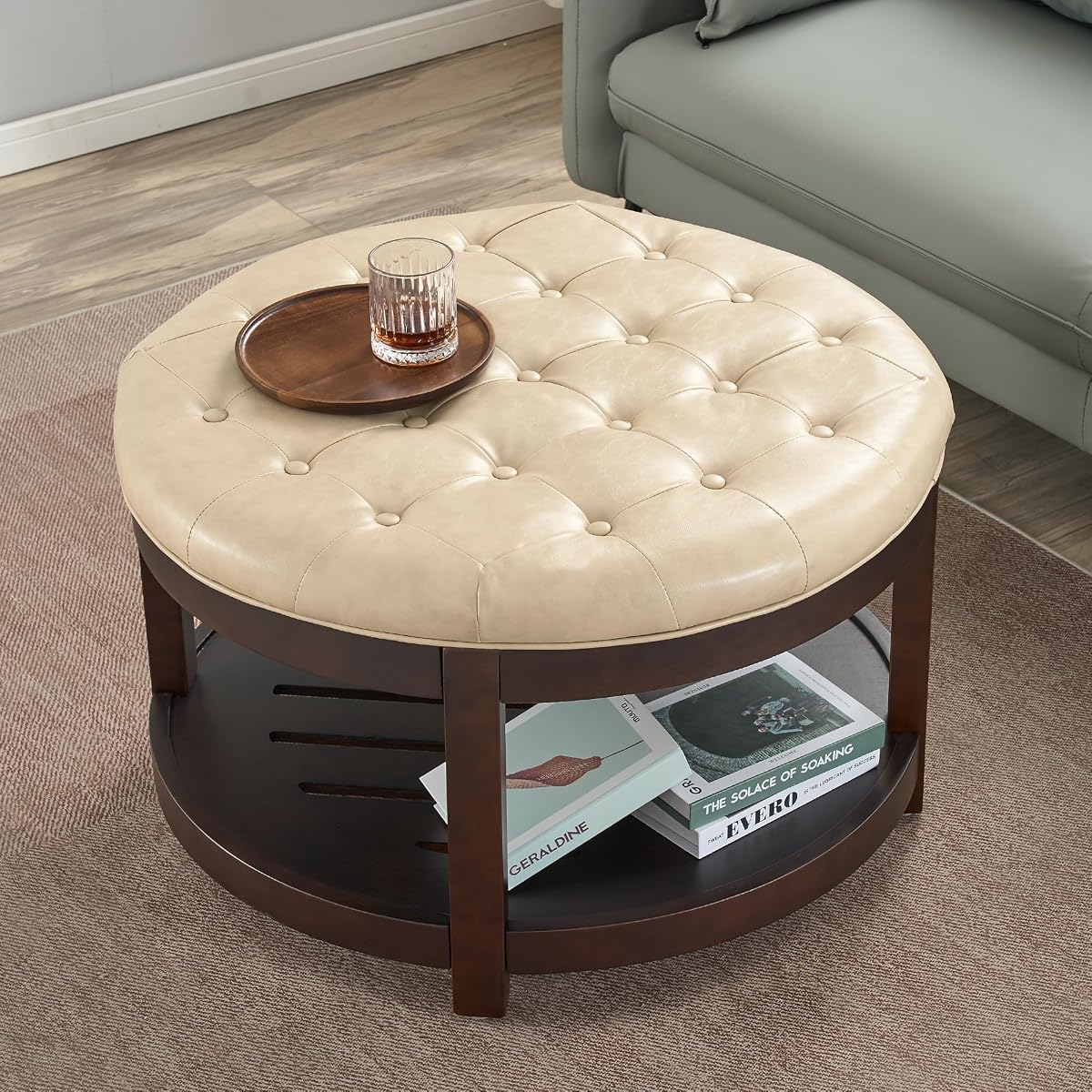 Round Coffee Tables for Living Room,33’’ Storage Ottoman with Wooden Tray, Upholstered Ottoman Footrest, Ivory