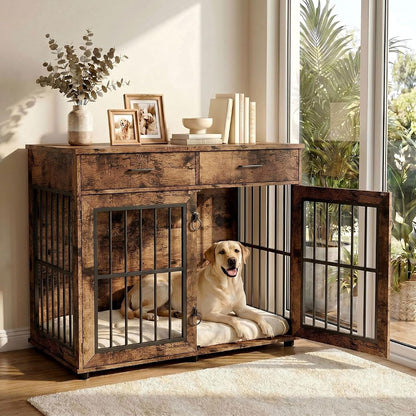 43.3" Large Dog Crate Furniture with 2 Drawers, Brown