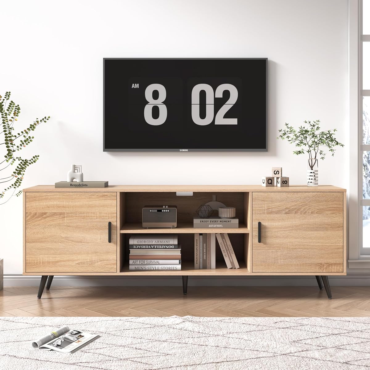 Mid Century Modern TV Stand, 70" for 75" TV, Wood with Storage
