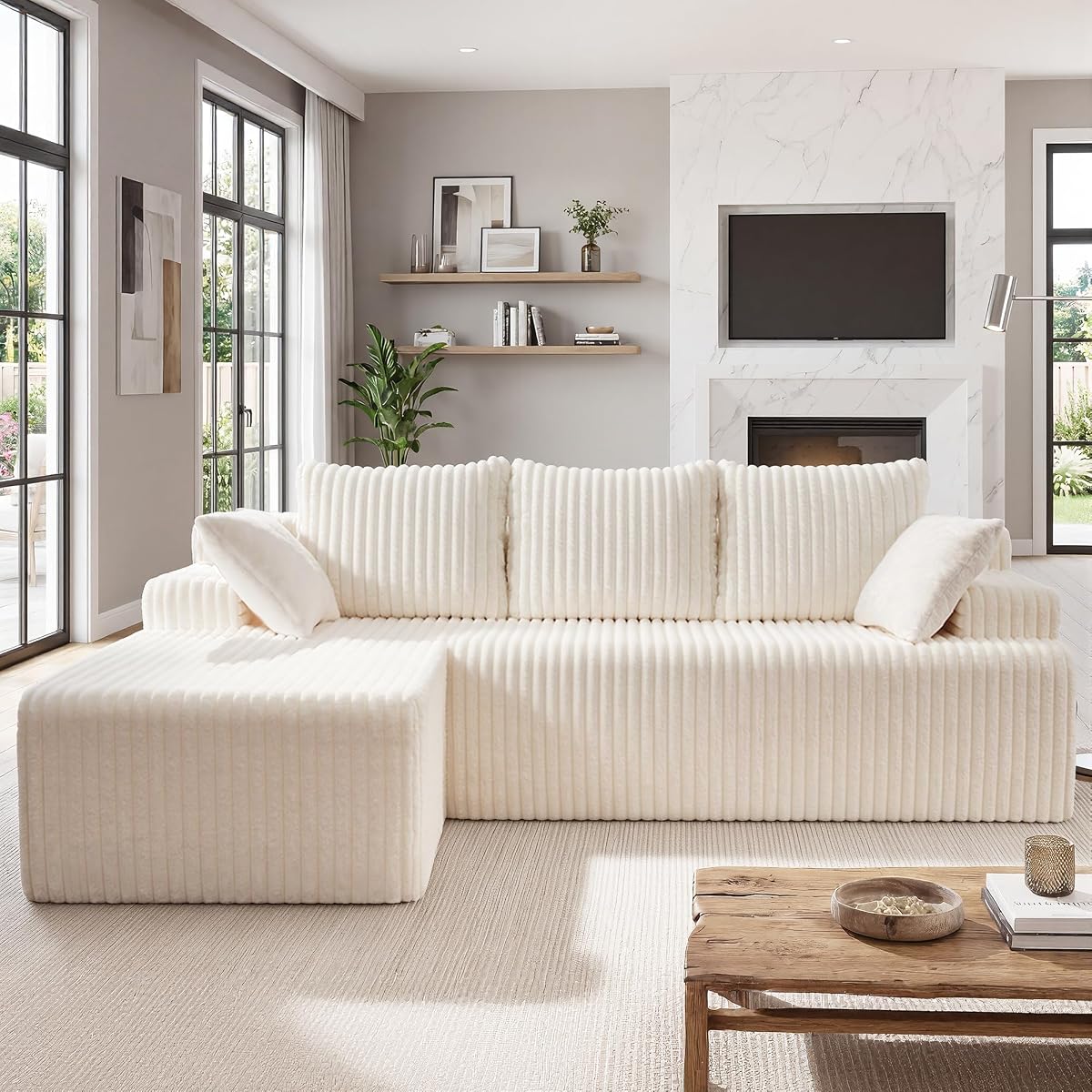 Modular Sectional - L-Shape Cloud Seating with Memory Foam, Convertible 3-Seat Living Room Furniture, Oversized Chaise Lounge, Washable Cover (White, 98", Left Hand Facing)