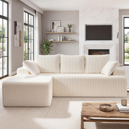 Modular Sectional - L-Shape Cloud Seating with Memory Foam, Convertible 3-Seat Living Room Furniture, Oversized Chaise Lounge, Washable Cover (White, 98", Left Hand Facing)