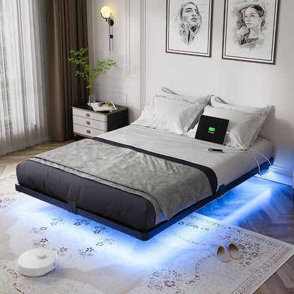 Floating Bed Frame Full Size Metal with LED Light & Charging Station