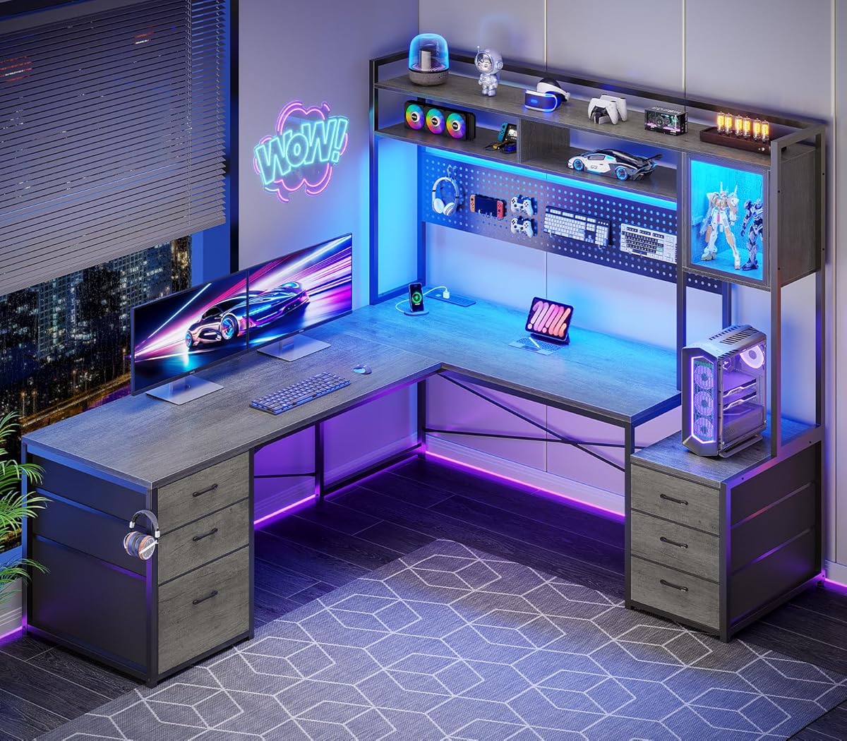 L Shaped Gaming Desk with Drawers, Reversible Computer Corner Desk with File Drawer, Hutch, Storage Shelves for Home Office, Gaming Two Person Desk with Led Lights, Power Outlet, Grey