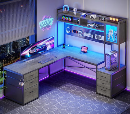 L Shaped Gaming Desk with Drawers, Reversible Computer Corner Desk with File Drawer, Hutch, Storage Shelves for Home Office, Gaming Two Person Desk with Led Lights, Power Outlet, Grey