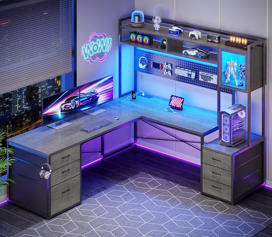 L Shaped Gaming Desk with Drawers, Reversible Computer Corner Desk with File Drawer, Hutch, Storage Shelves for Home Office, Gaming Two Person Desk with Led Lights, Power Outlet, Grey