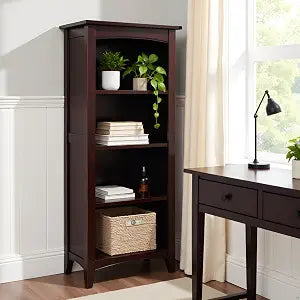 Shaker Cottage 4-Shelf Bookcase – Classic Wood Bookshelf with Beadboard Side Panels, Tapered Legs, and Open Storage for Living Room, Office, or Kids Room by (Espresso Finish)