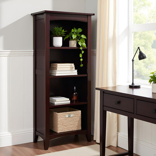 Shaker Cottage 4-Shelf Bookcase – Classic Wood Bookshelf with Beadboard Side Panels, Tapered Legs, and Open Storage for Living Room, Office, or Kids Room by (Espresso Finish)