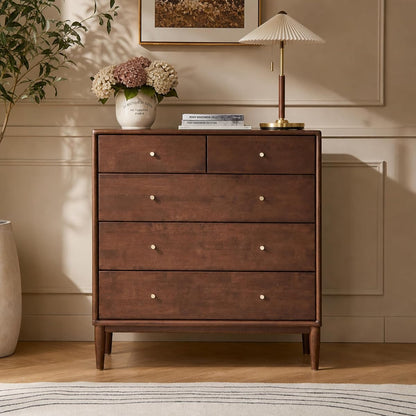 100% Solid Wood 5 Drawers Nightstand for Bedroom, Rubber Wood