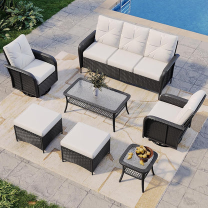 7-Piece Patio Furniture Set with Thick Cushions, Wicker Rattan Outdoor Sectional Sofa with High Back Swivel Rocker Chairs, Outdoor Patio Furniture Set with Coffee Table & Ottoman, Beige