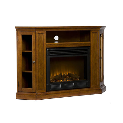 Claremont Convertible Corner Electric Fireplace Media Stand with Storage, Brown Mahogany
