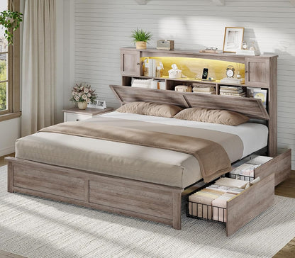 Farmhouse King Size Bed Frame with Bookcase and Storage Cabinets Headboard