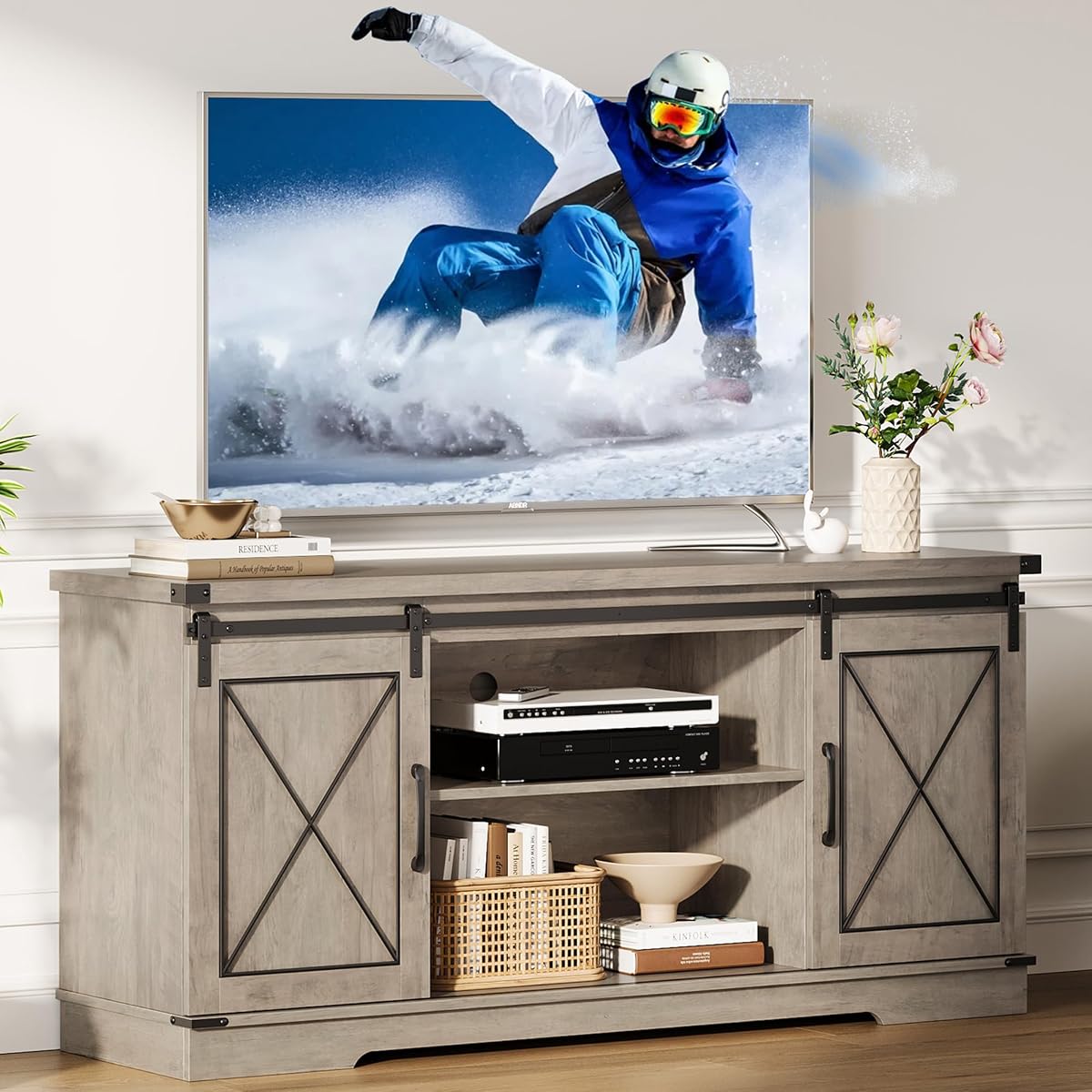 Farmhouse TV Stand for TV up to 65 in and Entertainment Center with Sliding