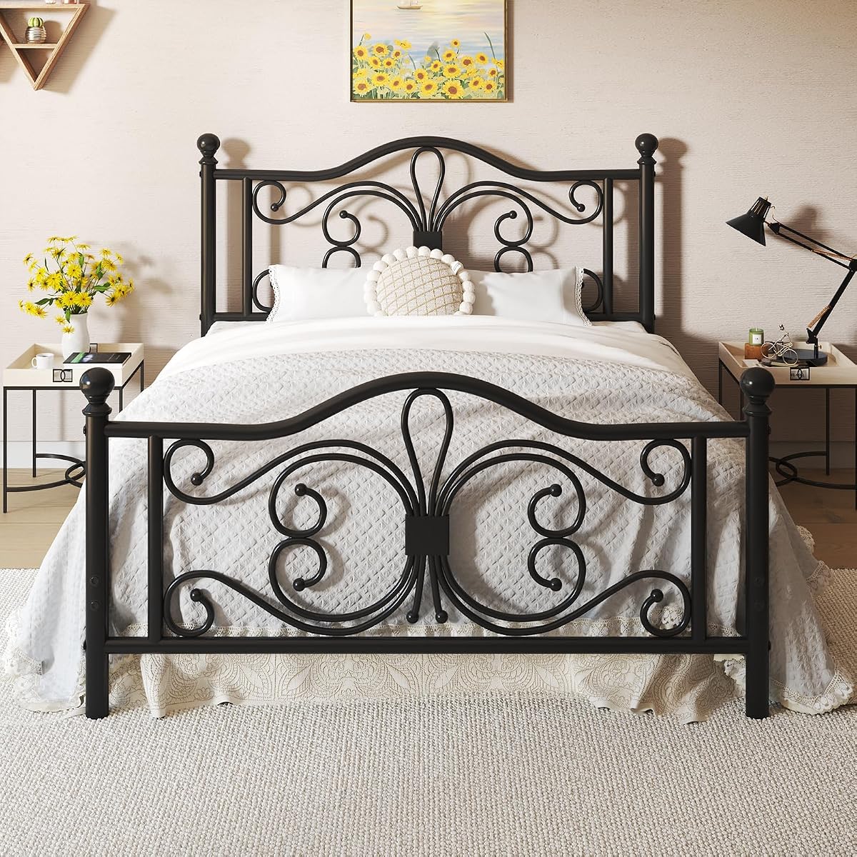 Full Bed Frame with Butterfly Pattern Design Headboard & Headboard, Black
