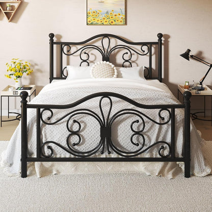 Full Bed Frame with Butterfly Pattern Design Headboard & Headboard, Black
