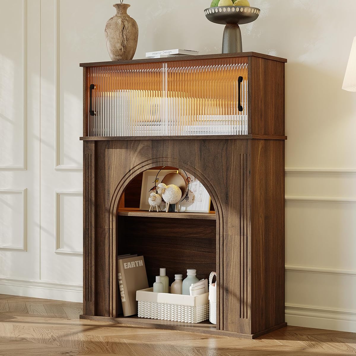 Sideboard Buffet Cabinet with LED Lights & Sliding Glass Doors, Modern Kitchen Storage Credenza Coffee Bar with Wood Grain & Adjustable Shelf for Living Room, Brown
