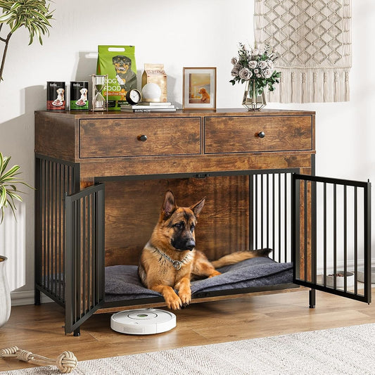 44" Wooden Dog Crate Furniture with Drawers for Large Dogs, Brown