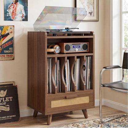 Record Player Stand with Power Outlets, Vinyl Storage Cabinet,Brown