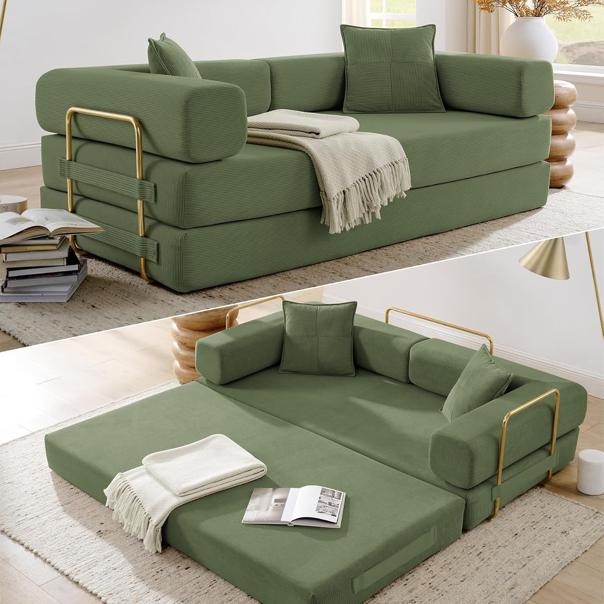 78 Inch Convertible Sleeper Sofa Bed, Folding Floor Mattress Couch with Fixed-Shape Frame, Futon Boneless Couch Lounge Loveseat with Pull Out Bed, No Assembly Required (Green)