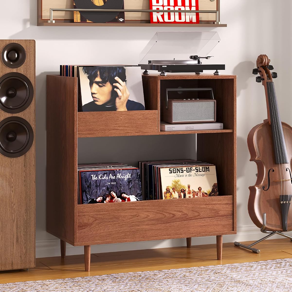 Mid Century Modern Record Player Stand，2-Tier Vinyl Record Storage