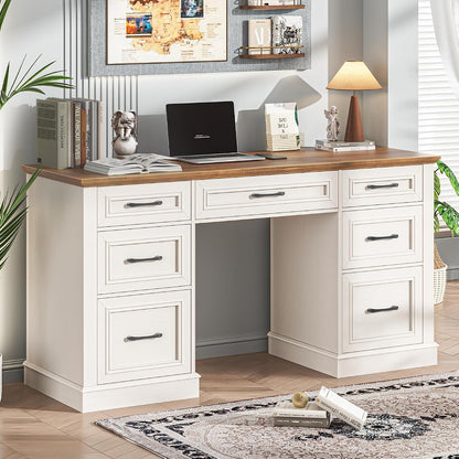 Farmhouse 59'' Executive Desk with File Drawers, Unique White