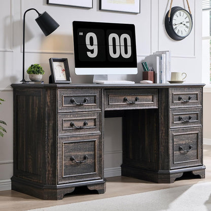 59" Farmhouse Executive Desk with Drawers, Wood Home Office Computer Desk