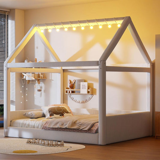 Modern Upholstered House Bed Frame with Headboard, Floor Sofa Day Bed for Boys