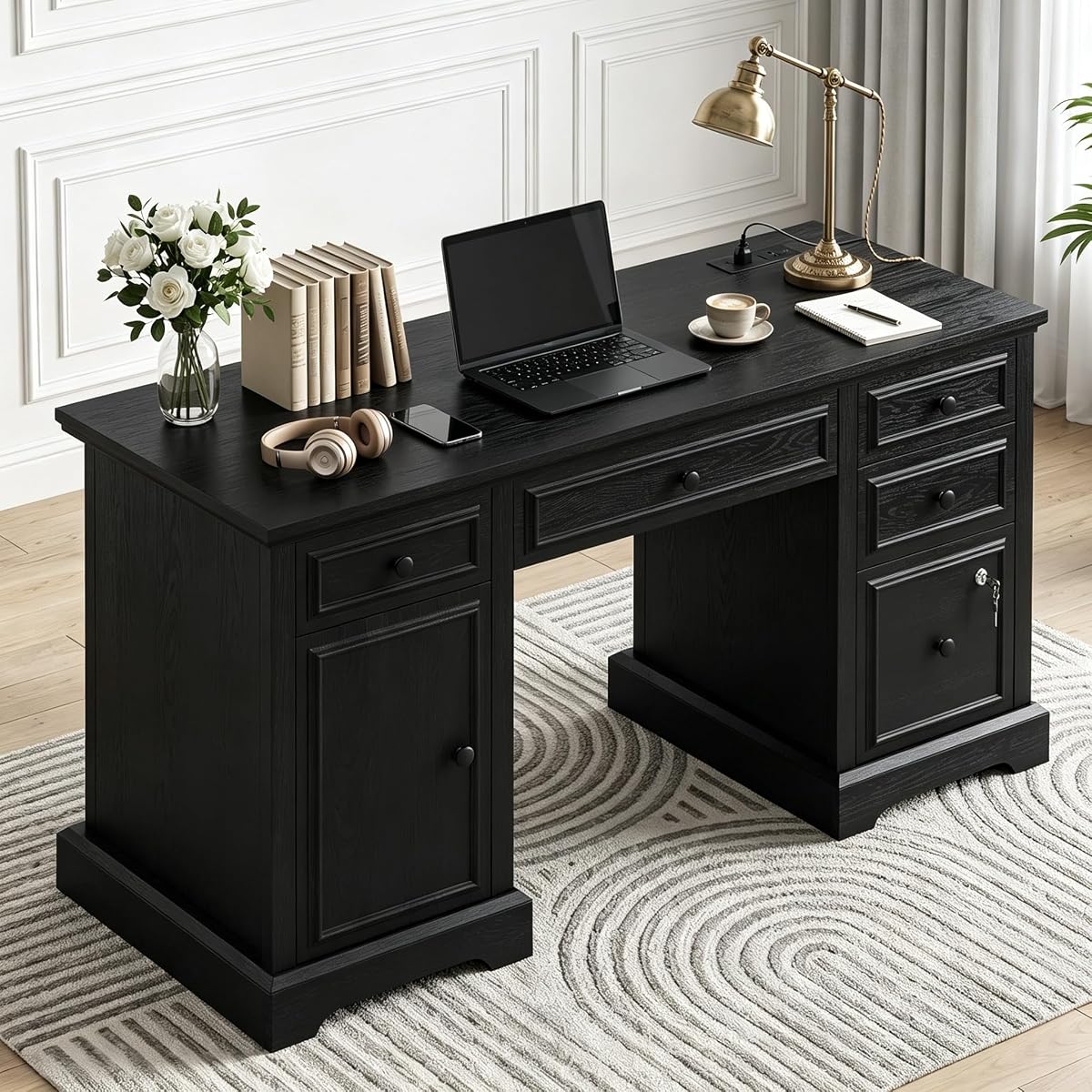 59" Farmhouse Executive Office Desk with Drawers Lock File Cabinet