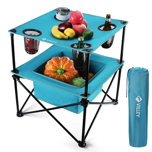 Portable Camping Picnic Table, Lightweight Folding Beach Table with 4 Cup Holders and Carry Bag for Camp, Travel, Fishing, and Outdoor Activities